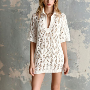 V-neck Short-sleeve Loose Hollow-out Knit Mini Dress