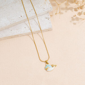 Ocean Wind Dolphin Style Inlaid Rhinestone Drip Oil Stainless Steel Pendant Necklace