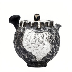 Pure 999 Fine Silver Handcrafted Textured Teapot with Silver-Tone Dripping Accents and Intricate White Floral Relief Design - Handicraft