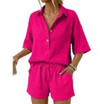 Button-collar V-neck Short-sleeve Shirt And Shorts Casual Set