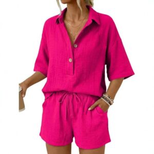 Button-collar V-neck Short-sleeve Shirt And Shorts Casual Set