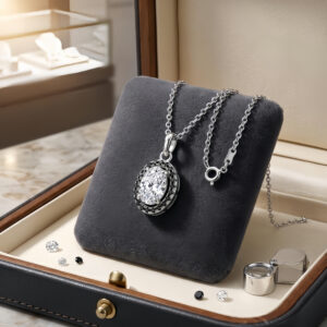 925 Sterling Silver Elegant Oval CZ Pendant with Black Accents in Sterling Necklace