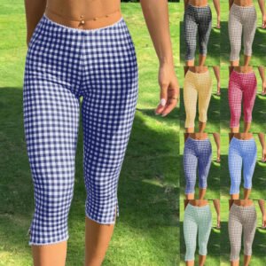 Womens Plaid Knitted Stretch Leggings Casual Pants