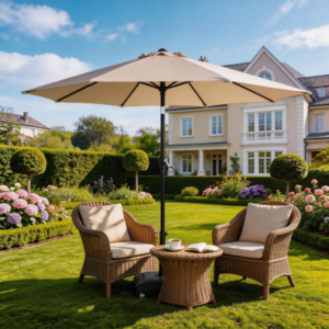 7.5FT Round Outdoor Patio Umbrella With Tilt Adjustment, Crank Lift System, 6 Iron Ribs & Iron Pole, Waterproof UV Protected Polyester Canopy, Khaki