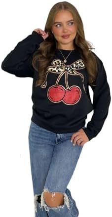 Leopard Print Bow Cherry Sweatshirt For Women
