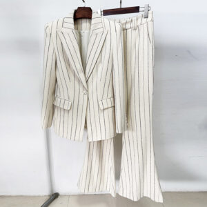 Pinstriped Brushed Suit Jacket And Pants Set Two-Piece Ensemble