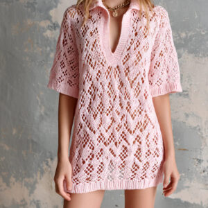 V-neck Short-sleeve Loose Hollow-out Knit Mini Dress