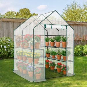 Mini Walk-in Greenhouse With PE Cover, 8-Shelf Indoor Outdoor Plant Gardening Green House For Garden Backyard, 56inch X 56inch X 77inch, White