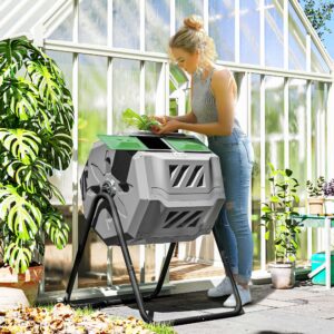 Kompostbehälter Mit 2 Behältern, 160 L Fassungsvermögen, Drehbar, 71 Cm X 65 Cm X 96 Cm, Grau + Grün + Schwarz