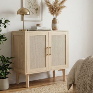 Buffet Cabinet With Rattan Decor Doors Solid Wood Feet Multifunctional Sideboard Cabinet For Dining Room Kitchen Light Oak