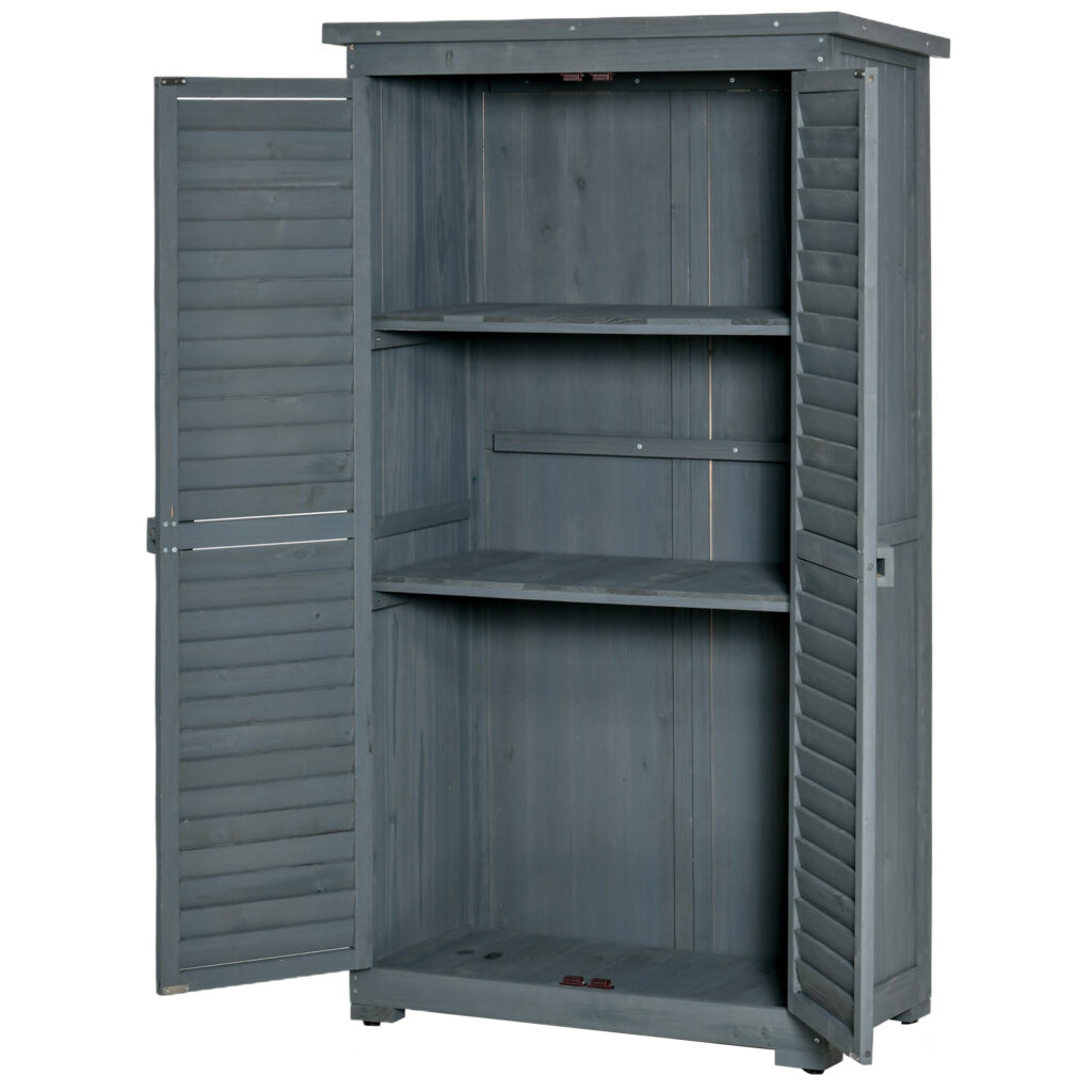 Gartenschrank Holz Gerätehaus Geräteschuppen Geräteschrank Holzhütte Pultdach Bitumenpappe Lamellentüren Grau 87 X 46,5 X 160 Cm