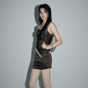 Retro Edgy Goth-style Pleated Sculptural Color-block Patchwork Halterneck Mini Skirt Set