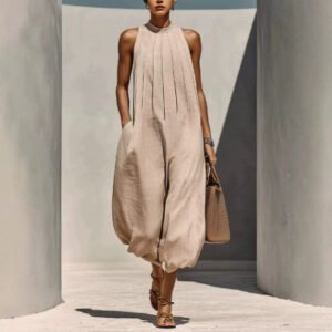 Linen-blend Sleeveless Crew-neck Relaxed-fit Chic Jumpsuit For Vacation-style