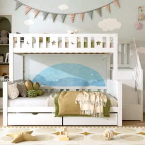 Bunk Bed With Two Storage Drawers And Side Hidden Storage Compartments, Solid Wood Loft Bed Frame With Space-Saving Design, Safety Guardrails & Staircase, Star And Moon Motifs, White No Mattress