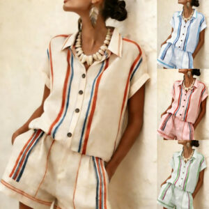 Womens Short-sleeve Shirt And Shorts Striped Set