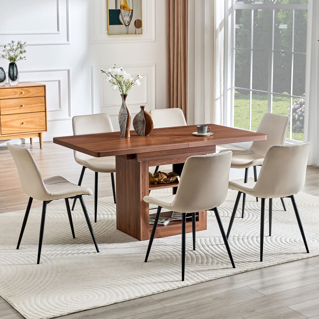 Expandable Dining Table And Chair Set, 59-71 Inch Pull-out MDF Table.Walnut MDF Table.Paired With 6 Warm Gray Artificial PU Chairs With Curved Widened Cushion Design.Suitable For Dining Rooms,office.