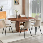 Expandable Dining Table And Chair Set, 59-71 Inch Pull-out MDF Table.Walnut MDF Table.Paired With 6 Warm Gray Artificial PU Chairs With Curved Widened Cushion Design.Suitable For Dining Rooms,office.