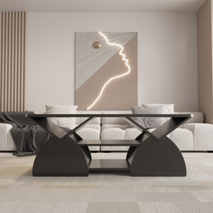 Engineered Wood Rounded Corner Rectangular Coffee Table For Living Room, Easy Assembly Storage Table With Open Shelves Sturdy Frame For Reception Room, Modern Coffee Table Geometric Design BLACK