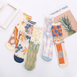 5 Pairs Of Women's Summer Ultra-thin Transparent Ice Silk Glass Silk Long Tube Lace Mid Tube Crystal Socks