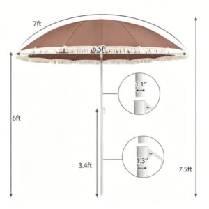 7 FT Boho Patio Umbrella With Fringe Tassel, 30' Adjustable Tilt Outdoor Sun Canopy, Portable 2-Section Metal Beach Umbrella