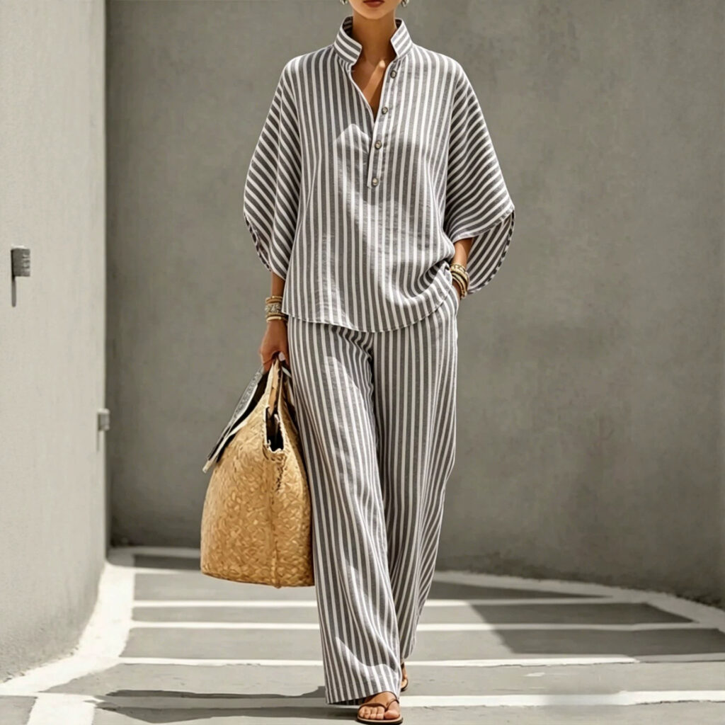 Womens Casual And Relaxed Striped Shirt Casual Set