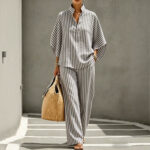 Womens Casual And Relaxed Striped Shirt Casual Set
