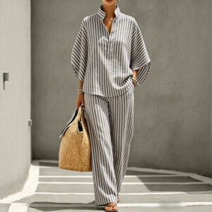Womens Casual And Relaxed Striped Shirt Casual Set
