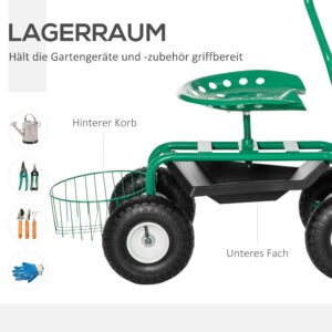 Gartenwagen Mit Rollsitz Bis 150 Kg Mit Ablage Korb Für Kleine Gartengeräte Werkstattwagen Fahrbar Gartensitz Richtung Steuerbar Sitzhöhe 46-59 Cm Höhenverstellbar Metall Gummi Grün