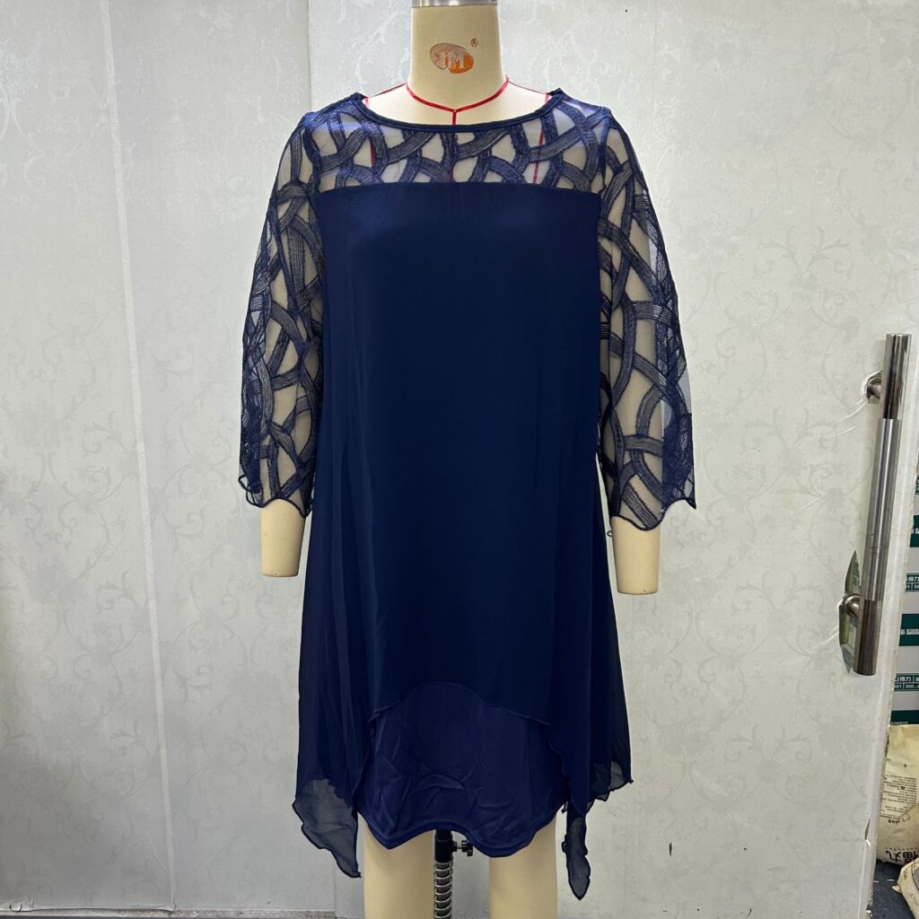 Lace-panelled Three-quarter-sleeve Chiffon Dress With An Asymmetrical Hem In Stock