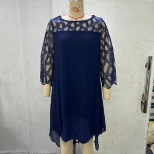 Lace-panelled Three-quarter-sleeve Chiffon Dress With An Asymmetrical Hem In Stock