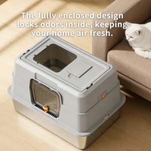 Thick Stainless Steel Fully Enclosed Grey Cat Toilet, Sturdy, Bite Proof, Leak Proof, Providing Greater Comfort For Cats In Large Spaces
