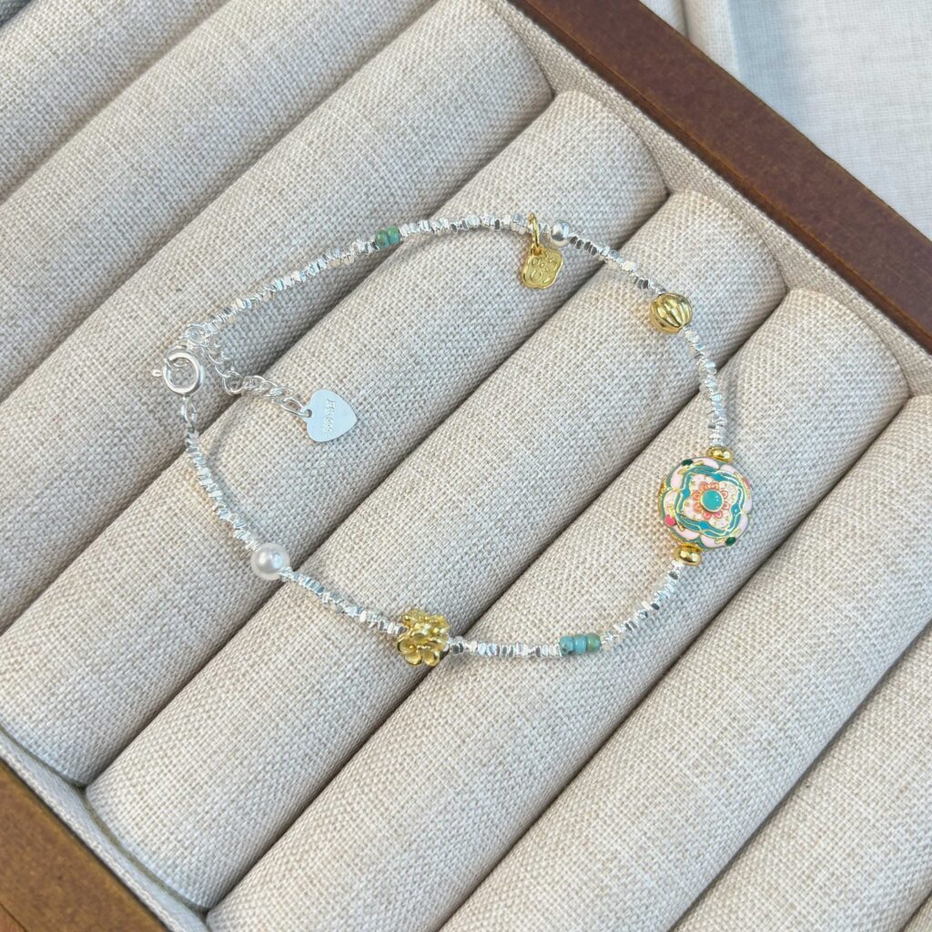 1pc 999 Sterling Silver Enamel Charm Bracelet, Chinese Style, Perfect For Daily Wear And Valentine's Gift
