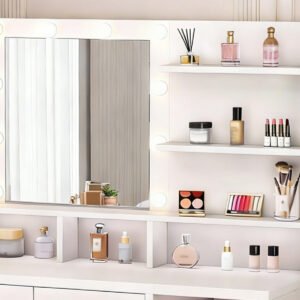 Vanity Desk White Easy Assembly Makeup Table With Mirror 3 Color LED Bulbs Power Outlet Open Storage Shelves Cabinet Drawers For Bedroom