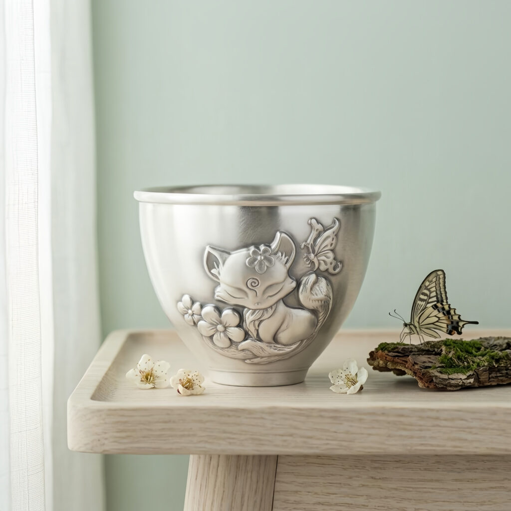 925 Sterling Silver Elegant Silver Cup with Embossed Sleeping Fox and Butterfly Floral Motif - Handicraft