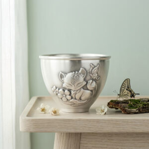 925 Sterling Silver Elegant Silver Cup with Embossed Sleeping Fox and Butterfly Floral Motif - Handicraft