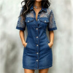 Womens Fashion Casual Patchwork Lace Denim Mini Dress