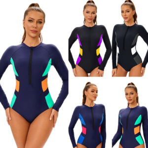 Color-Block Long-Sleeve Sun-Protective Zip-Up Swimsuit For Women