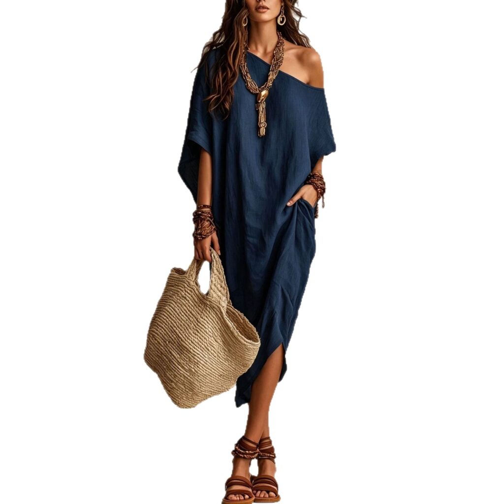 Solid-color Casual Off-shoulder Loose-fitting Womens Dress