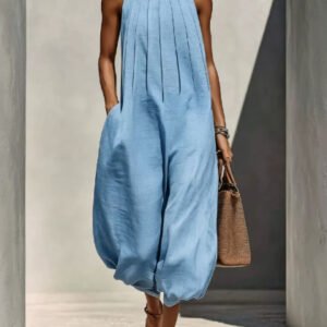 Linen-blend Sleeveless Crew-neck Relaxed-fit Chic Jumpsuit For Vacation-style