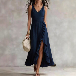 Womens V-neck Sleeveless Flounced Hem Split Dress