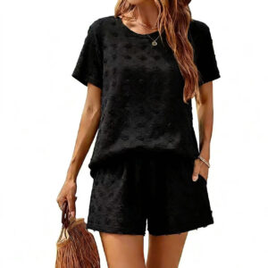 Round-neck Ice-silk Oversized Bobble Top And Shorts Set