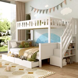 Bunk Bed With Two Storage Drawers And Side Hidden Storage Compartments, Solid Wood Loft Bed Frame With Space-Saving Design, Safety Guardrails & Staircase, Star And Moon Motifs, White No Mattress