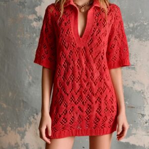 V-neck Short-sleeve Loose Hollow-out Knit Mini Dress