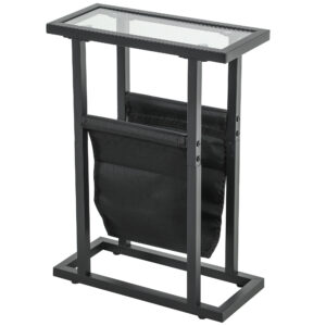 Beistelltisch Aus Metall Mit Stofftasche Und Glasplatte, Schmaler Tisch Für Wohnzimmer, Schlafzimmer, Schwarz
