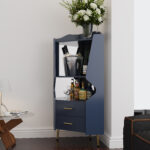 Wooden Corner Bar Cabinet With 2 Open Storage Shelves And 2 Drawers, Mirrored Back Sideboard Cabinet, High Feet Legs For Easy Cleaning, Buffet Cabinet BLUE