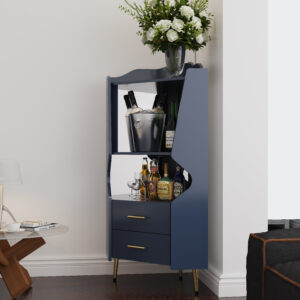 Wooden Corner Bar Cabinet With 2 Open Storage Shelves And 2 Drawers, Mirrored Back Sideboard Cabinet, High Feet Legs For Easy Cleaning, Buffet Cabinet BLUE