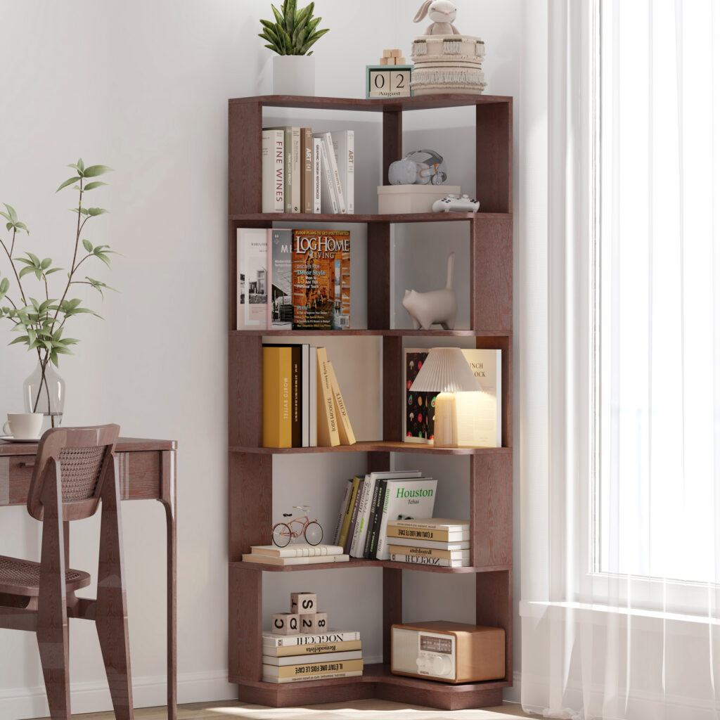 6 Tier Freestanding L-Shaped Corner Bookshelf For Living Room, Bedroom, Wooden Bookcase With Anti-drop Panle And Anti Tipping Device, Display Shelf Open Storage Rack Organizer For Home Office DARK RED