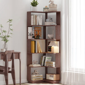 6 Tier Freestanding L-Shaped Corner Bookshelf For Living Room, Bedroom, Wooden Bookcase With Anti-drop Panle And Anti Tipping Device, Display Shelf Open Storage Rack Organizer For Home Office DARK RED