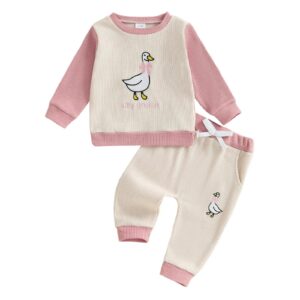 Cute Duck Embroidered Long-Sleeve Set For Girls