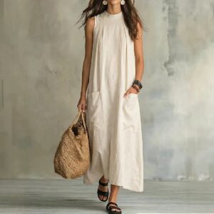 Womens Loose Cotton-Linen Sleeveless Pocket Dress